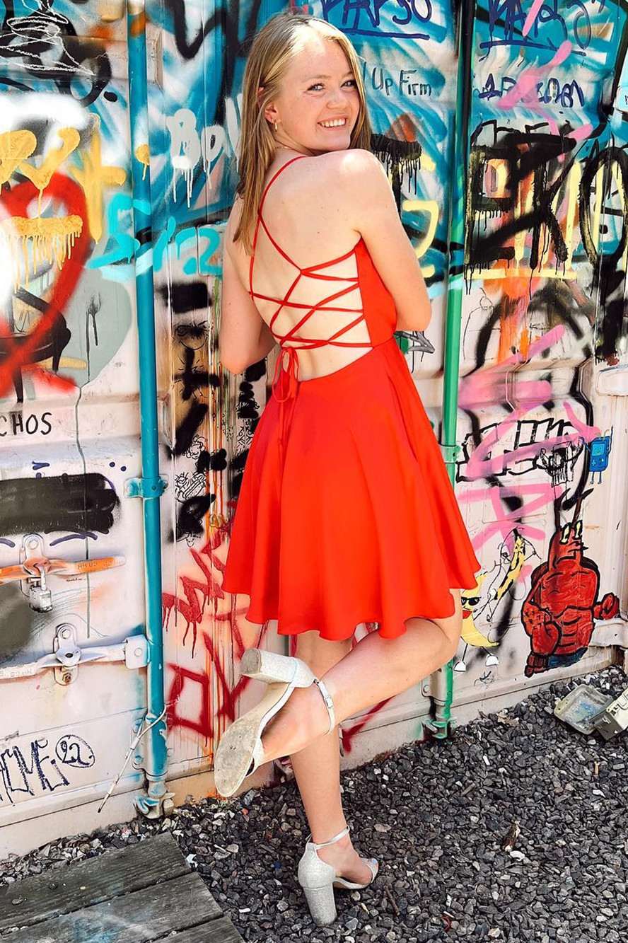 Neon Pink Cowl Neck Lace-Up A-Line Homecoming Dress