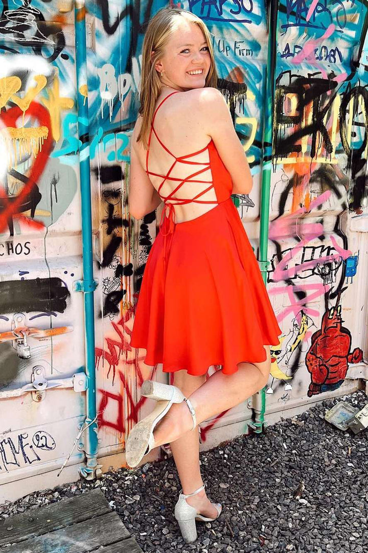 Neon Pink Cowl Neck Lace-Up A-Line Homecoming Dress