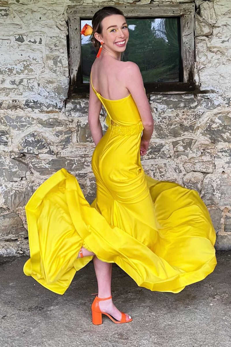 Two-Piece Yellow One-Shoulder Fringe Long Prom Dress with Slit