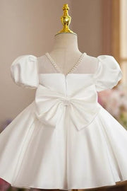 Vintage White Pearls Puff Sleeve Flower Girl Dress