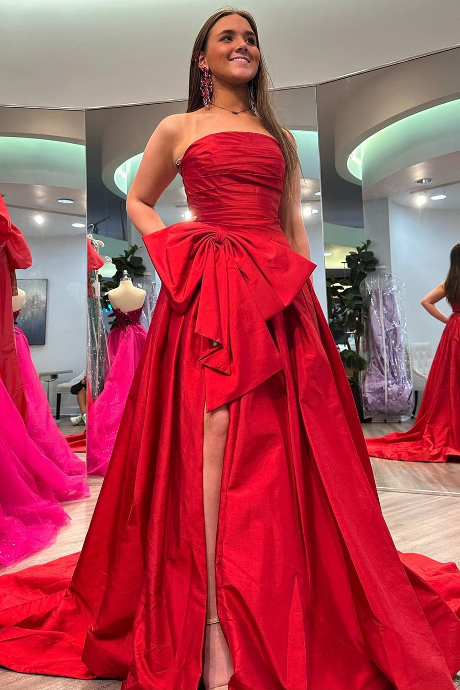 Neon Pink Strapless A-Line Prom Dress with Bow Modsele Neon Pink Strapless A-Line Prom Dress with Bow Modsele