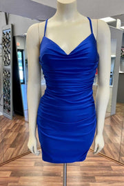 Royal Blue V-Neck Ruched Fitted Short Homecoming Dress