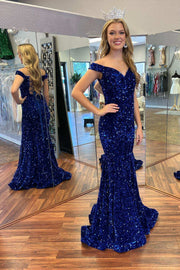 Royal Blue Sequin Off-the-Shoulder Mermaid Long Prom Dress