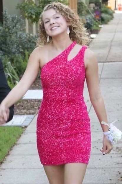 Red Sequin One-Shoulder Cutout Short Homecoming Gown