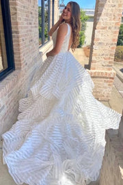 White V-Neck Backless A-Line Striped Wedding Dress