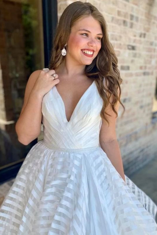 White V-Neck Backless A-Line Striped Wedding Dress Modsele White V-Neck Backless A-Line Striped Wedding Dress Modsele