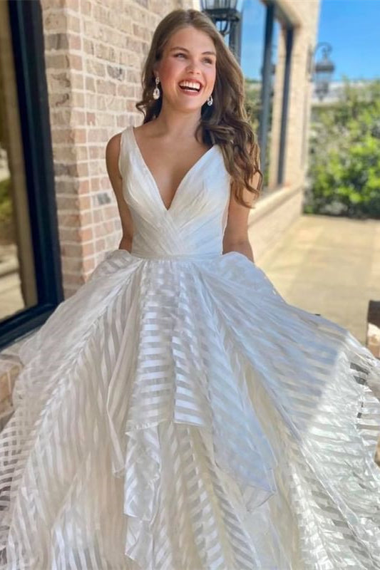 White V-Neck Backless A-Line Striped Wedding Dress Modsele White V-Neck Backless A-Line Striped Wedding Dress Modsele