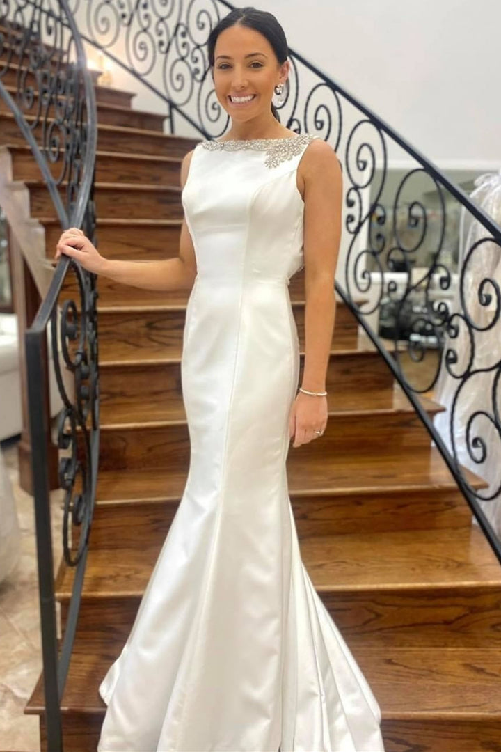 White Bateau Backless Trumpet Wedding Dress