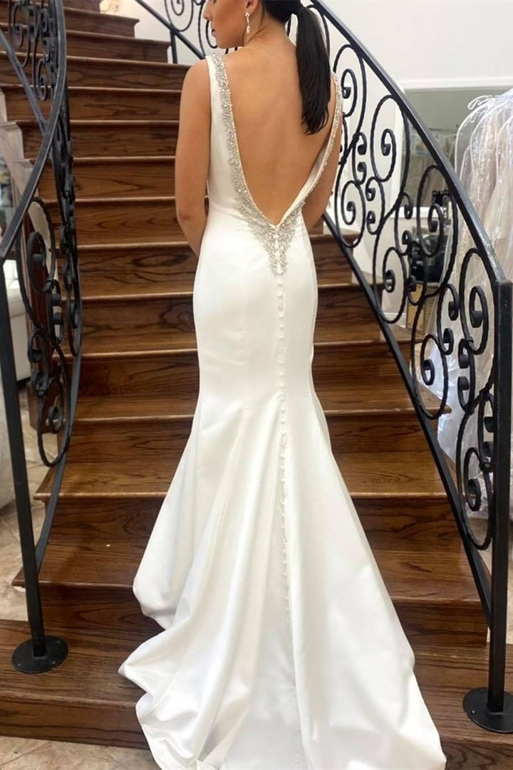 White Bateau Backless Trumpet Wedding Dress
