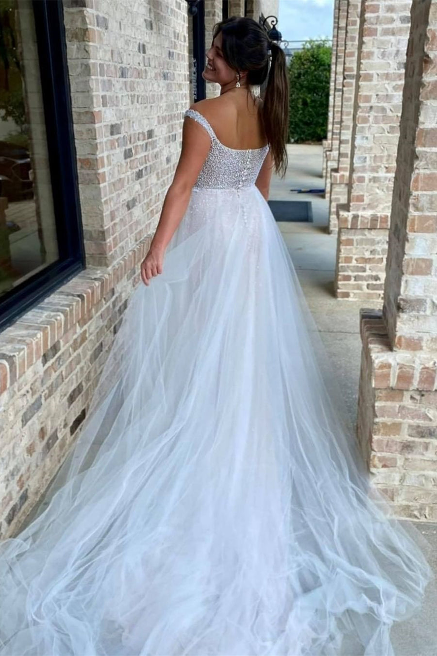 White Beaded Backless Mermaid Wedding Dress with Detached Train