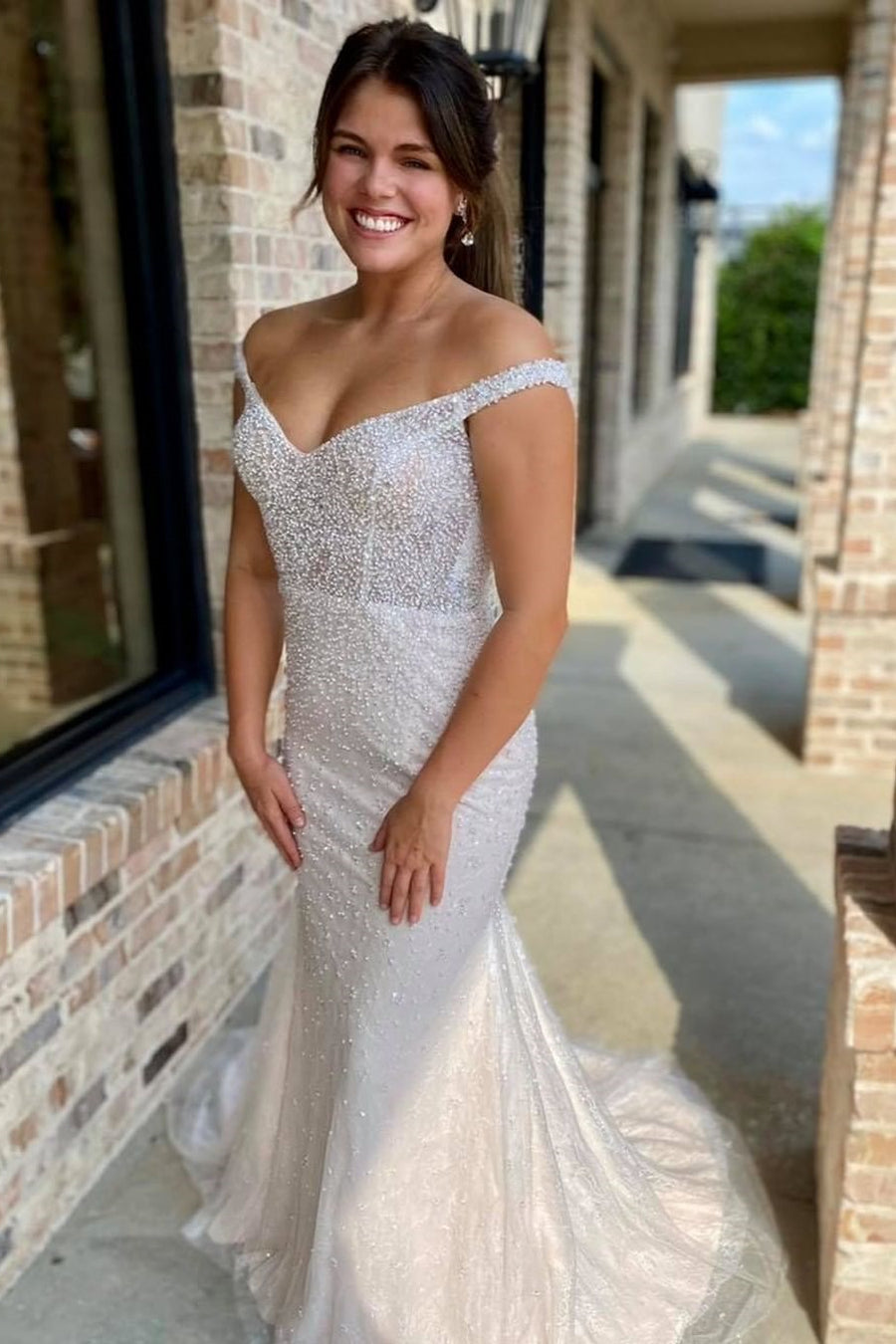 White Beaded Backless Mermaid Wedding Dress with Detached Train
