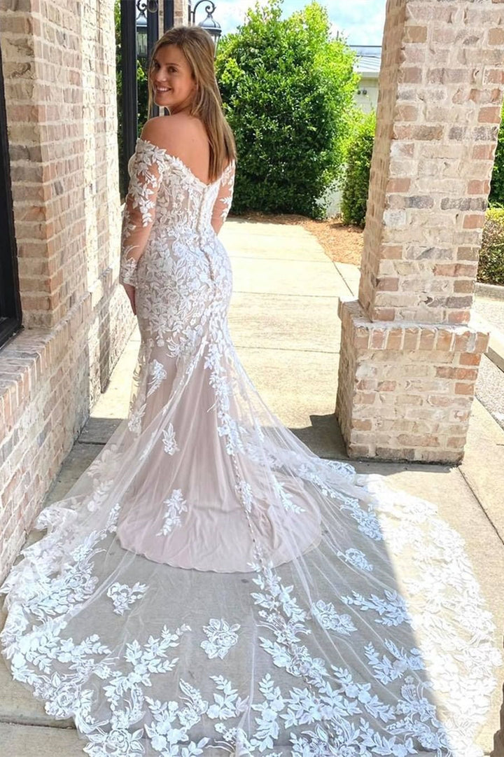 White Lace Off-the-Shoulder Long Sleeve Mermaid Wedding Dress