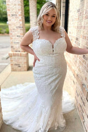 White Lace Sweetheart Sheer Back  Mermaid Long Wedding Dress