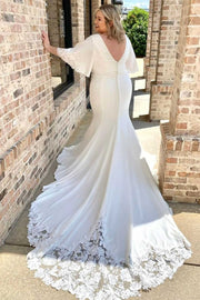 White V-Neck Flutter Sleeve Mermaid Long Wedding Dress