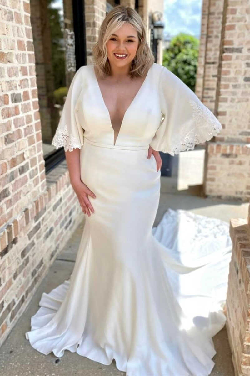 White V-Neck Flutter Sleeve Mermaid Long Wedding Dress – Modsele White V-Neck Flutter Sleeve Mermaid Long Wedding Dress – Modsele