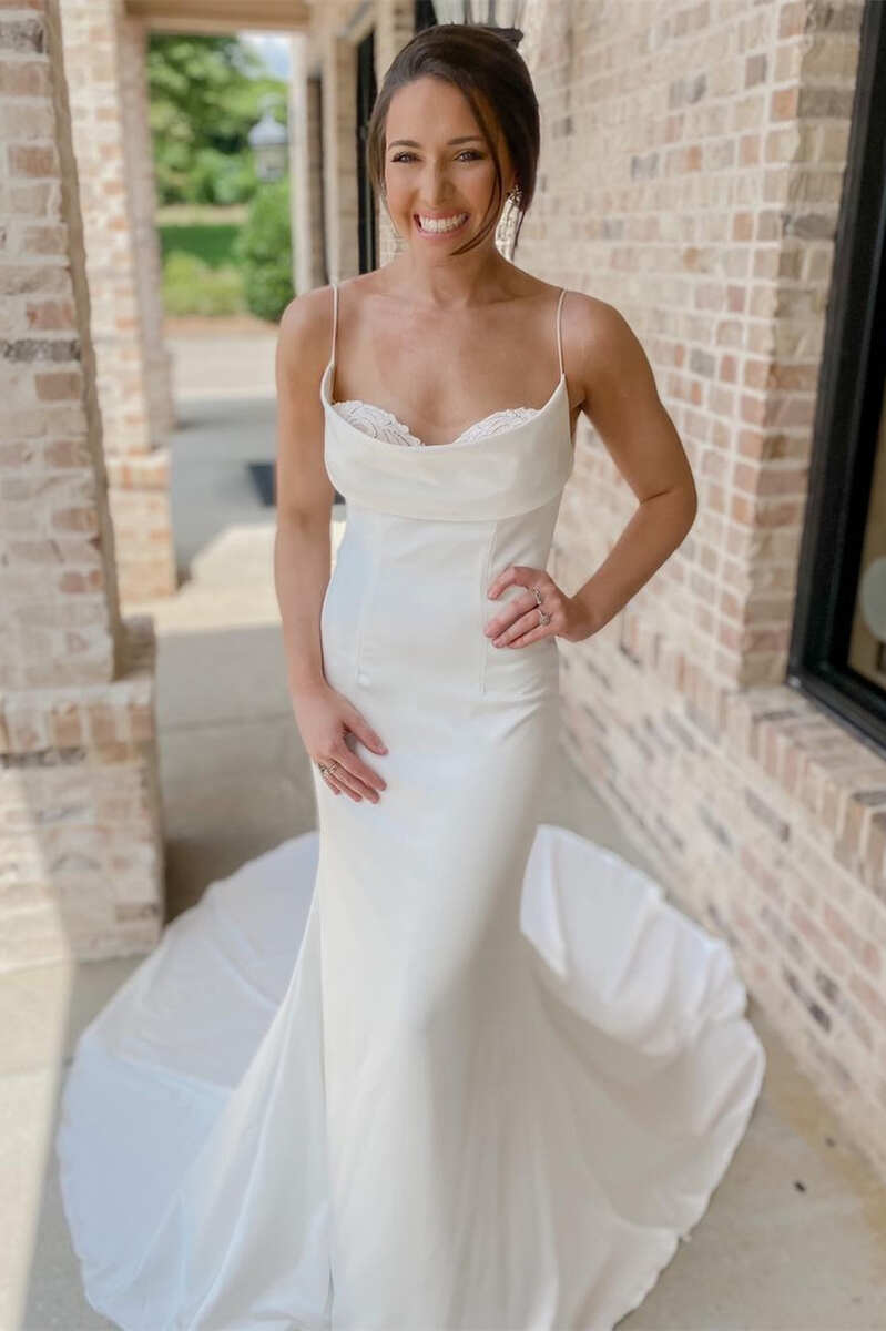 White Cowl Neck Spaghetti Straps Mermaid Long Bridal Gown – Modsele White Cowl Neck Spaghetti Straps Mermaid Long Bridal Gown – Modsele