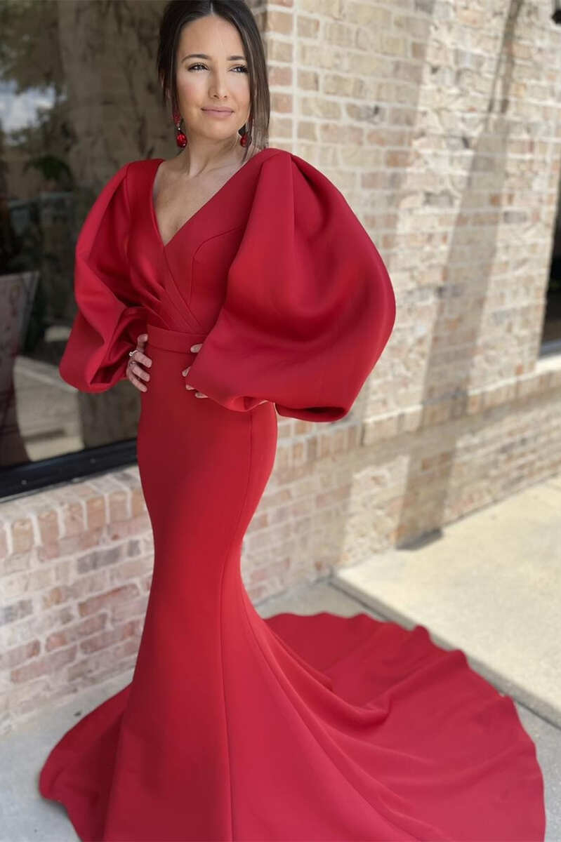 Red V-Neck Balloon Sleeve Mermaid Mother of the Bride Dress