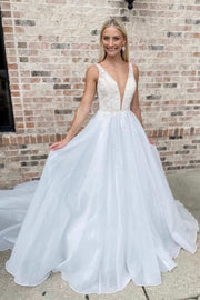 White Lace Plunge V Backless A-Line Long Wedding Dress