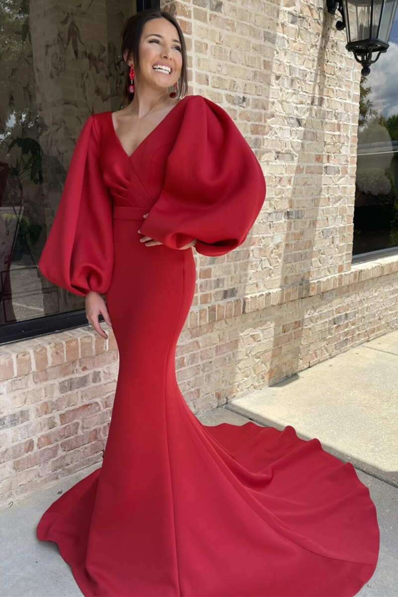 Red V-Neck Balloon Sleeve Mermaid Mother of the Bride Dress Modsele Red V-Neck Balloon Sleeve Mermaid Mother of the Bride Dress Modsele