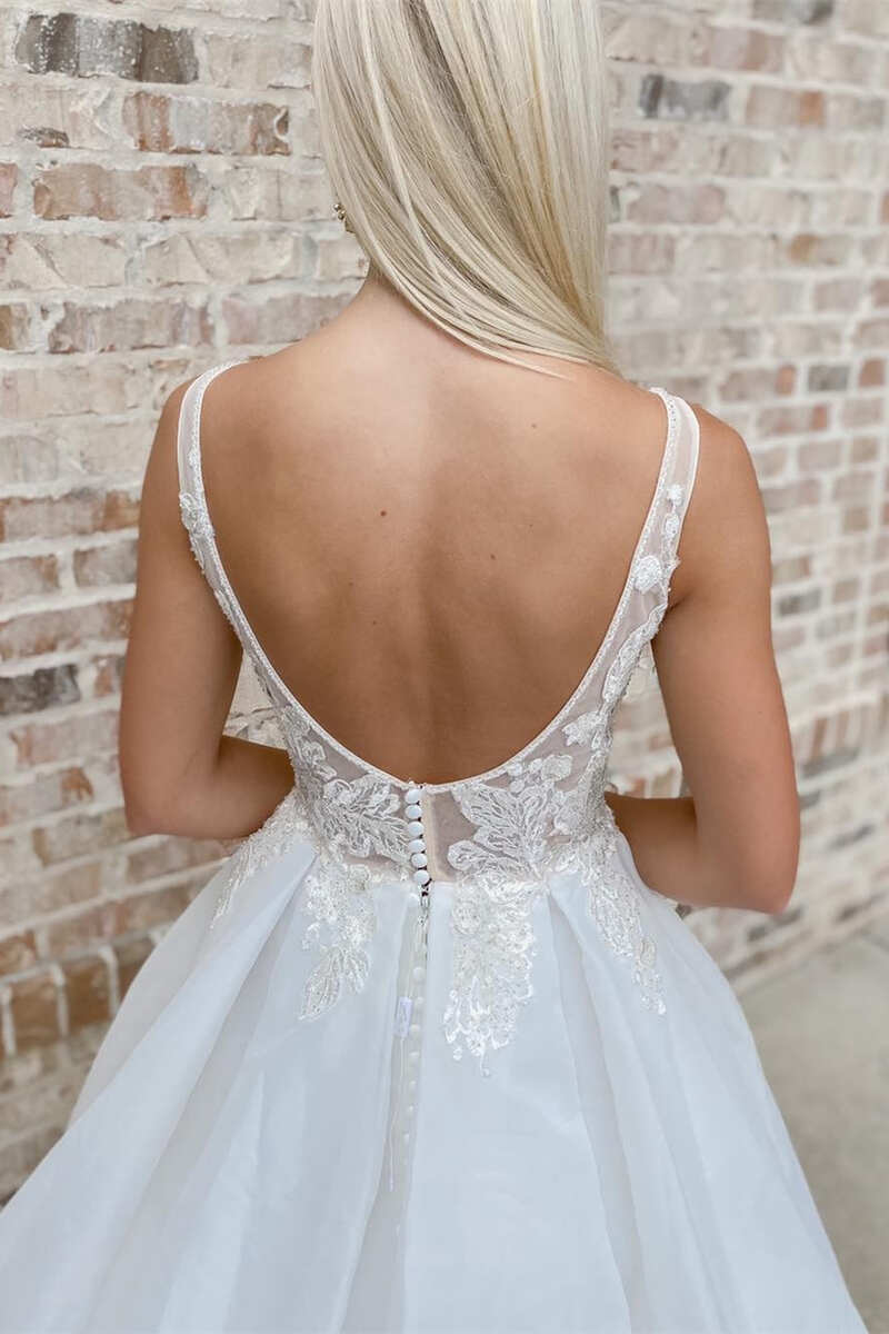 White Lace Plunge V Backless A-Line Long Wedding Dress