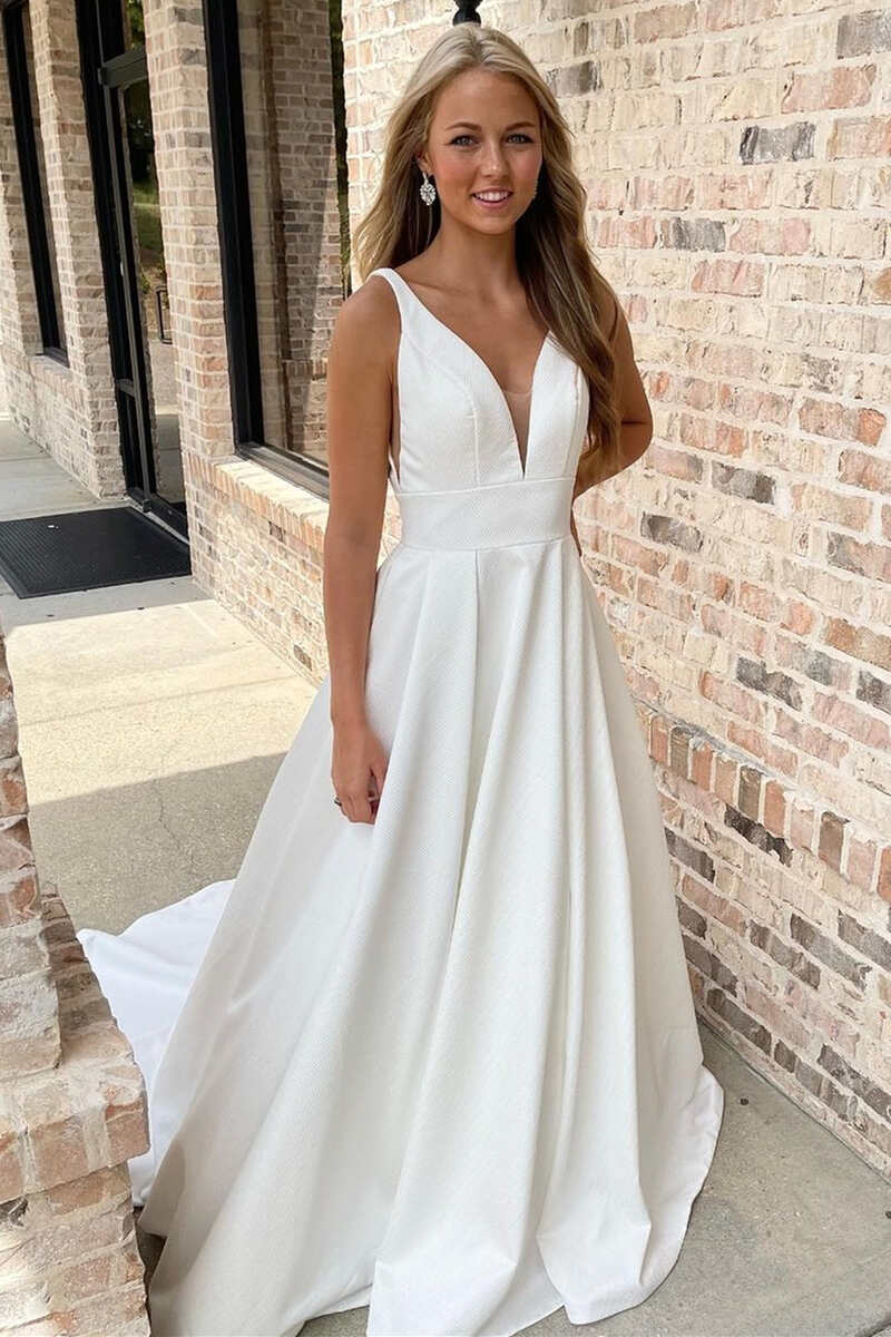 blue dress for baby girl Graceful V-Neck Open Back Wedding Dress Light Ivory