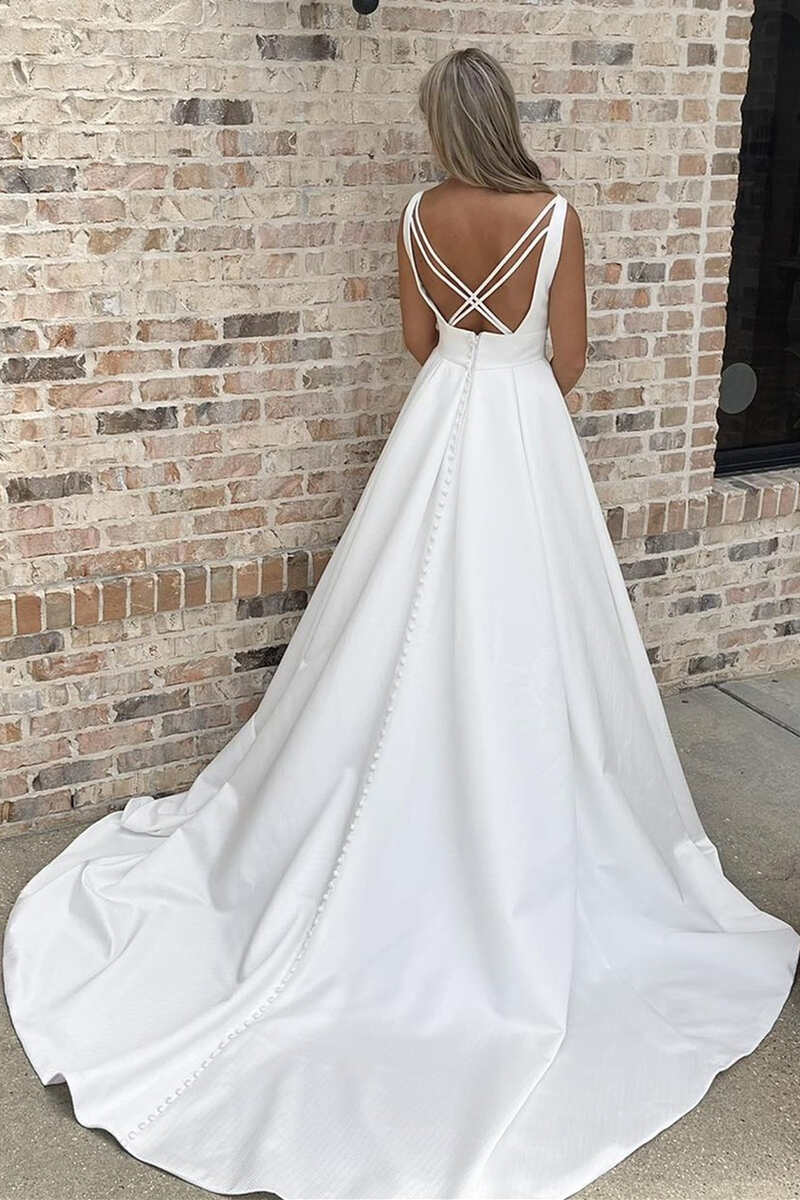 White V-Neck Cross-Back A-Line Long Wedding Gown