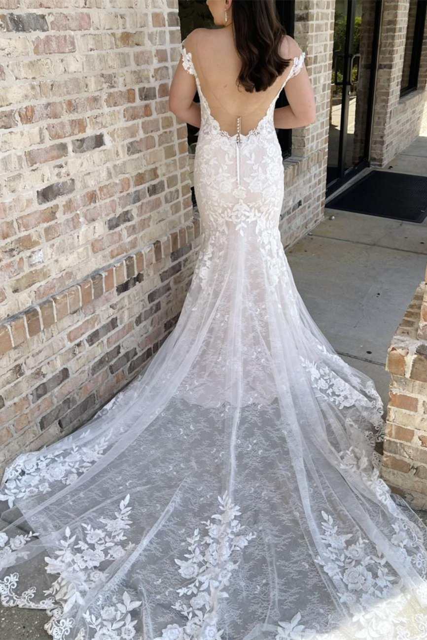 Off-the-Shoulder White Lace Backless Mermaid Long Wedding Gown