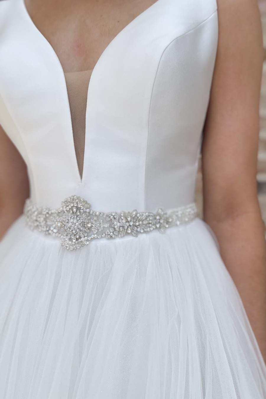 White V-Neck A-Line Long Wedding Dress with Belt