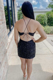 Black Sequin Halter Backless Short Homecoming Dress