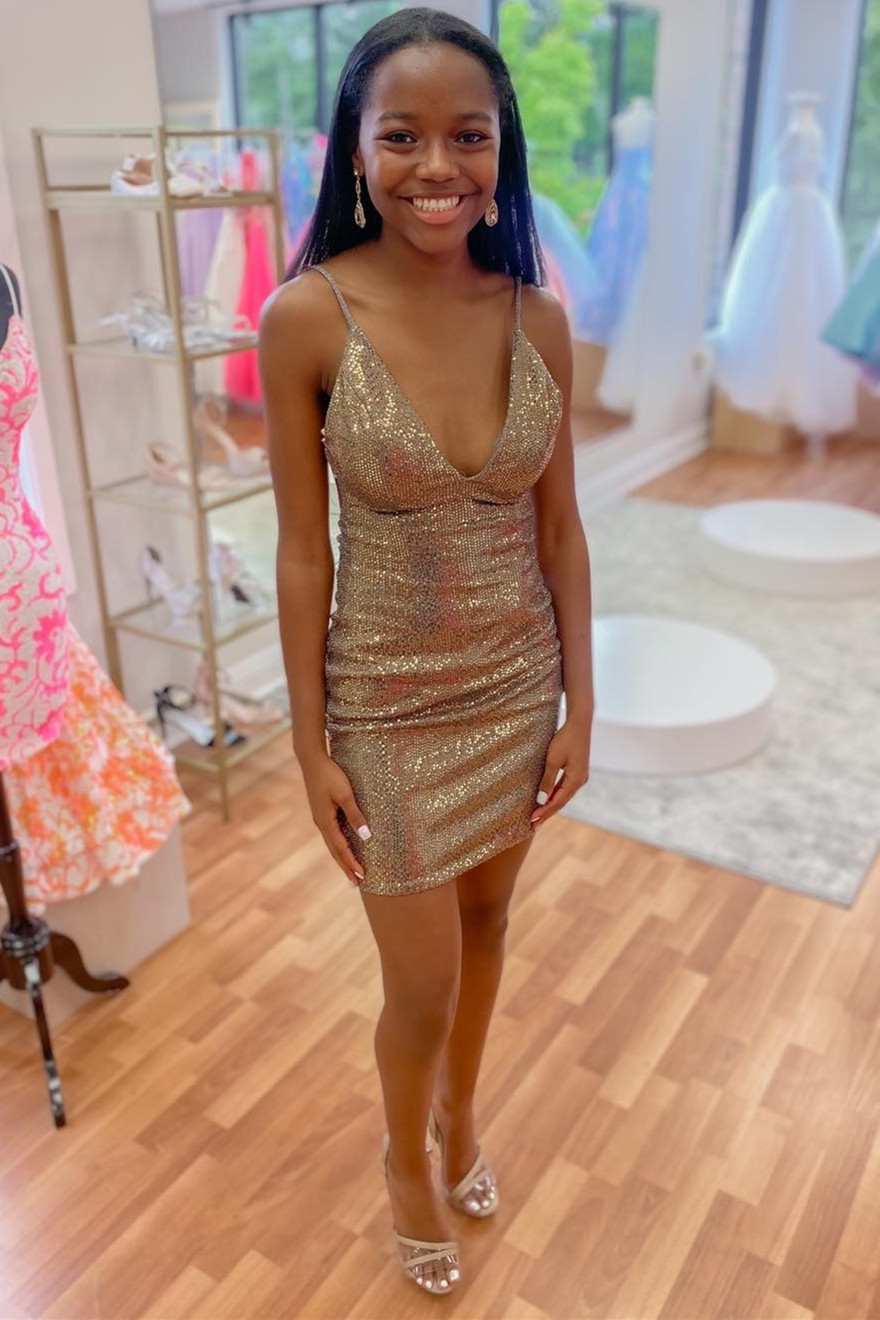 Gold Sequin V-Neck Open Back Tight Homecoming Dress Modsele Gold Sequin V-Neck Open Back Tight Homecoming Dress Modsele