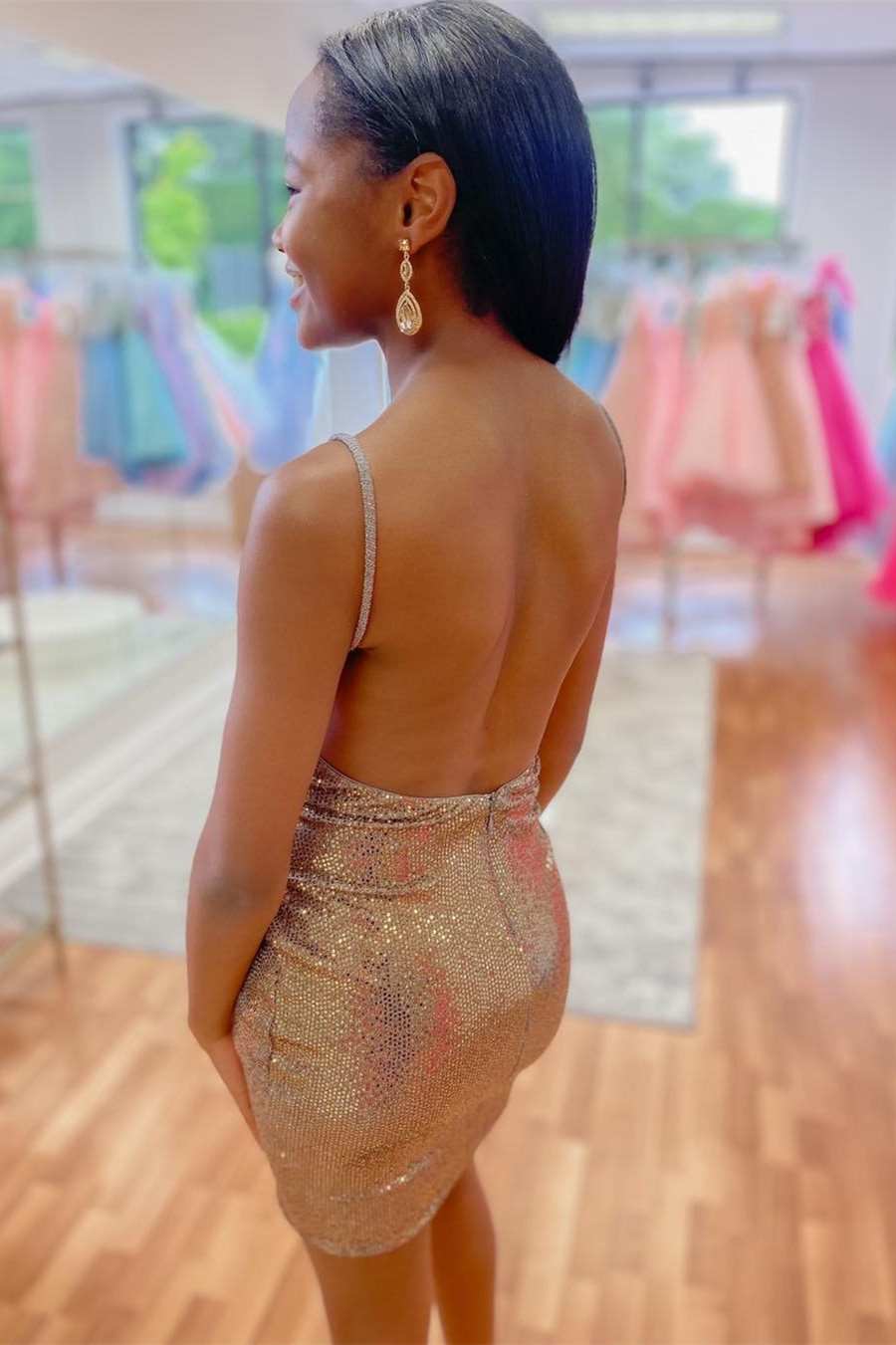 Gold Sequin V-Neck Open Back Tight Homecoming Dress