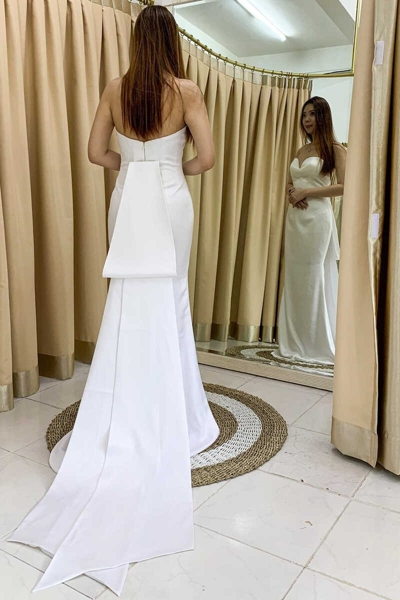 White Strapless High-Waisted Long Wedding Dress with Attached Train