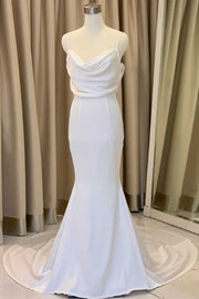 White Blouson Cowl Neck Backless Mermaid Long Wedding Dress