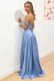 Periwinkle Two-Piece Strapless A-Line Long Prom Gown
