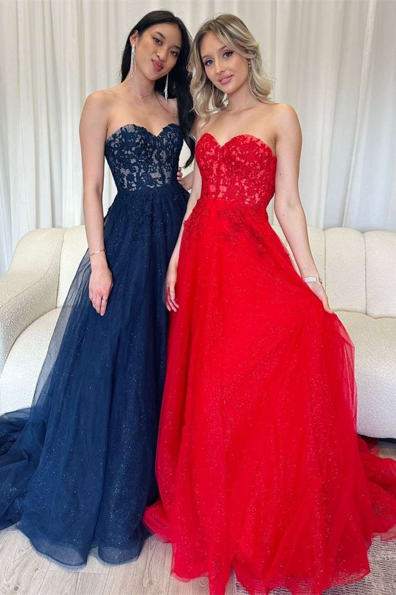 Red Strapless A-Line Long Prom Dress with Appliques