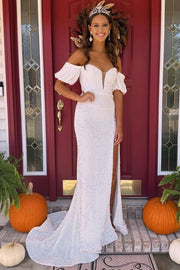 Black Sequin Off-the-Shoulder Puff Sleeve Long Prom Dress