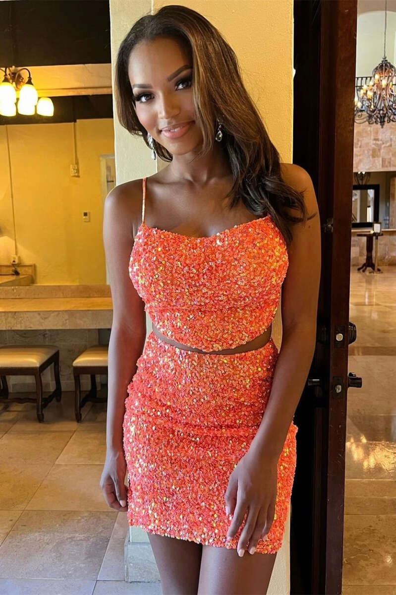 Two-Piece Orange Sequin Short Homecoming Dress Modsele Two-Piece Orange Sequin Short Homecoming Dress Modsele