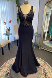 Black Lace Plunge V Mermaid Long Dress