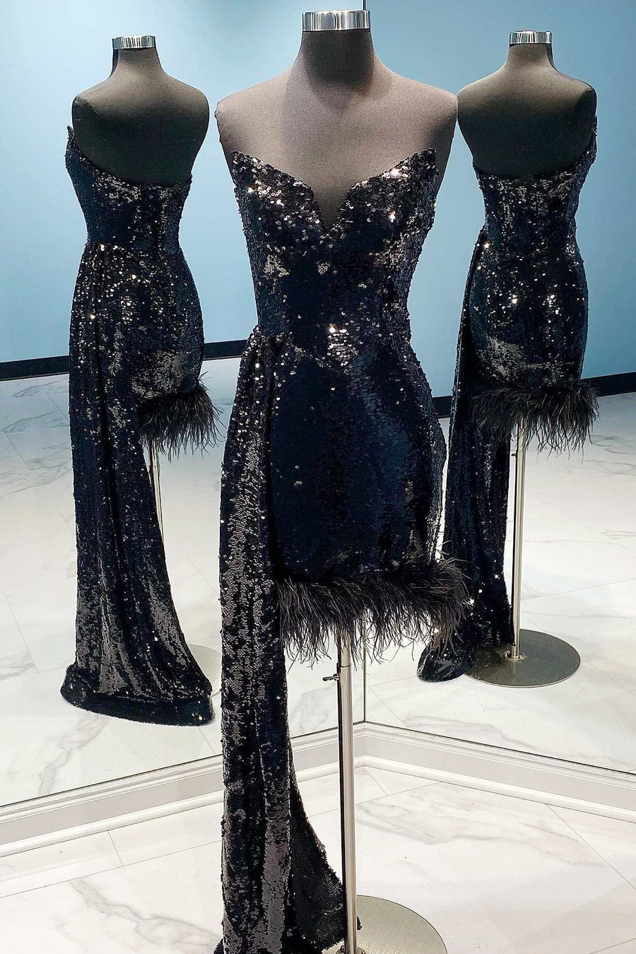 Black Sequin Strapless Feathered Cocktail Gown with Attached Train