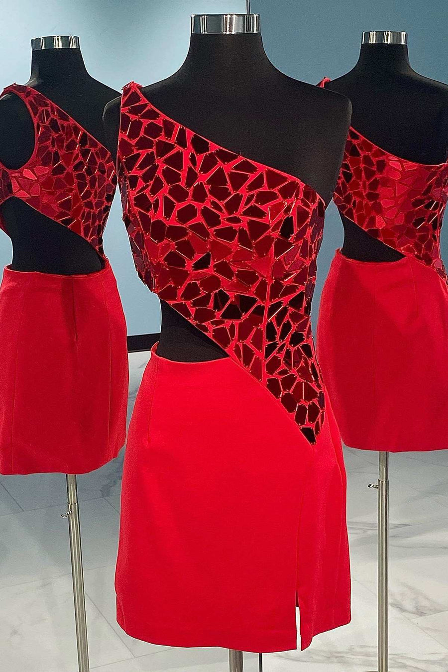 One-Shoulder Red Cut Glass Mirror Cutout Mini Cocktail Dress