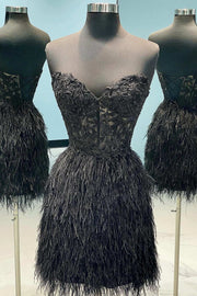 Black Feathers Strapless Short Homecoming Dress