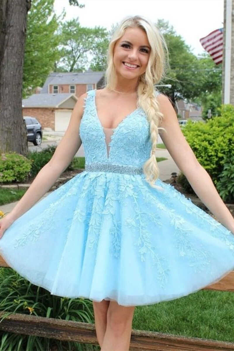 Light Blue Appliques V-Neck A-Line Short Homecoming Dress – Modsele