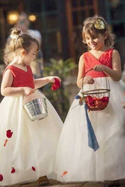 Red and White Surplice A-Line Flower Girl Dress