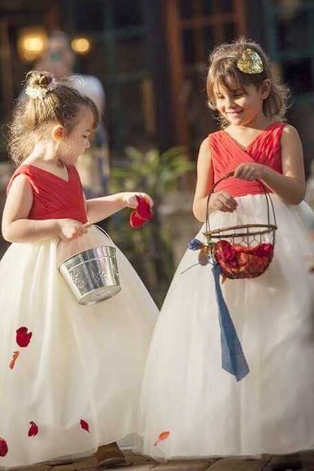 Red and White Surplice A Line Flower Girl Dress Modsele