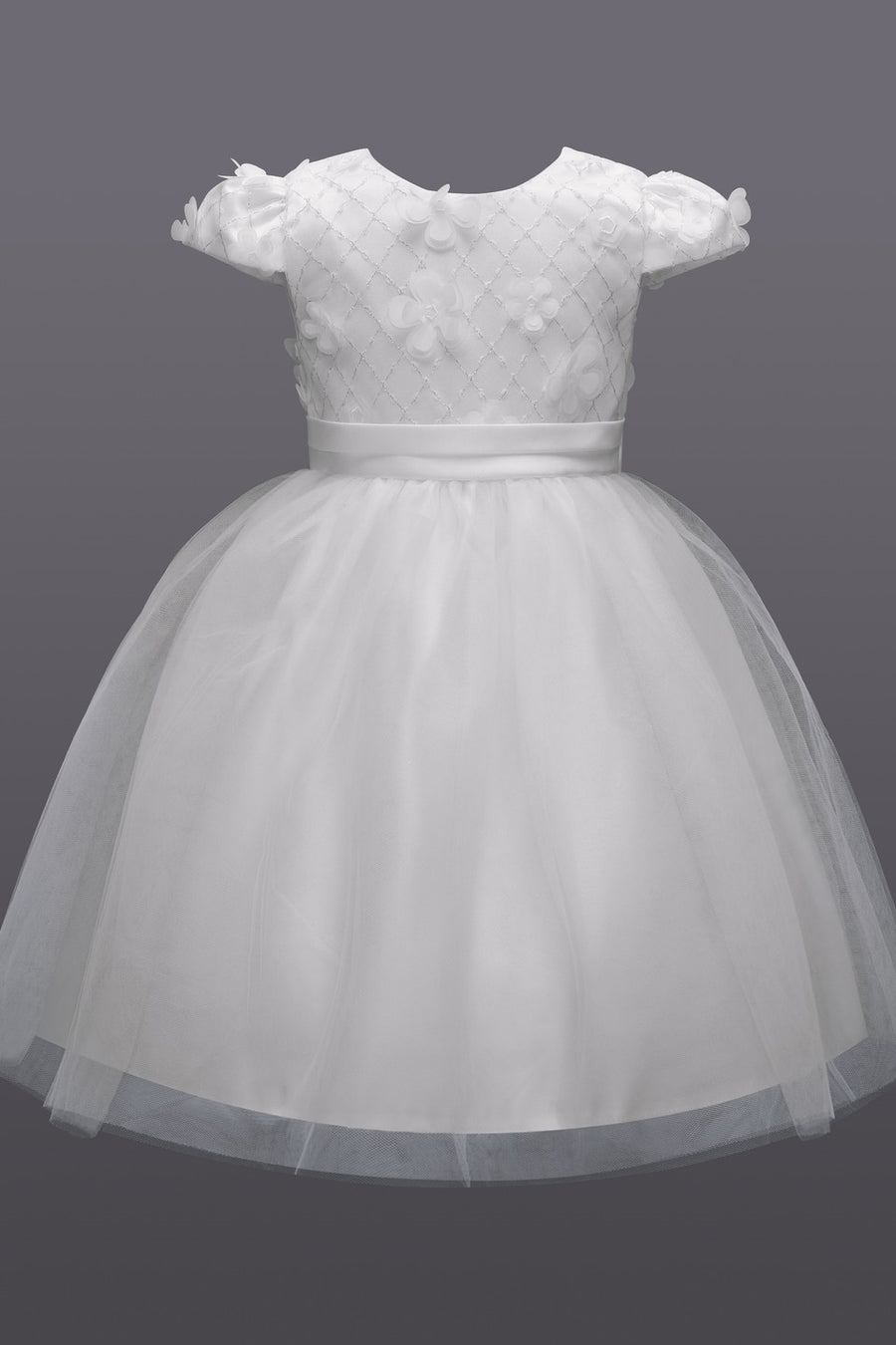 White 3D Flower Cap Sleeve Bow-Back Flower Girl Dress