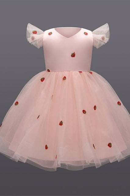 Pink Strawberry Ruffled Sleeve Girl Party Dress