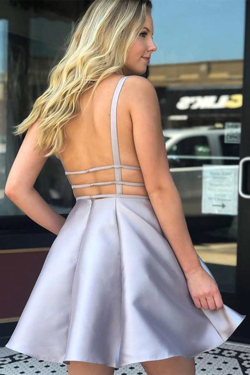 Grey Plunge V Open Back Short Homecoming Gown