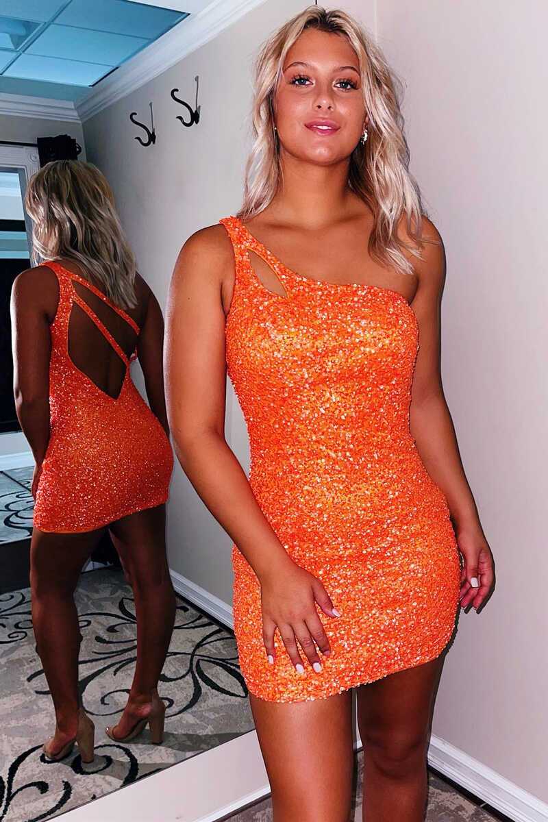 One Shoulder Sequins Bodycon Mini Dress with Keyhole
