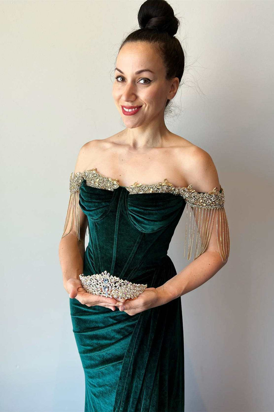 Emerald Velvet Off-the-Shoulder Fringe Long Prom Dress