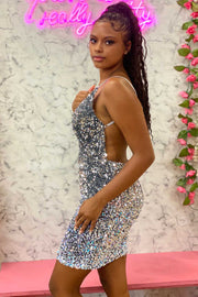 Silver Sequin V-Neck Backless Mini Homecoming Dress